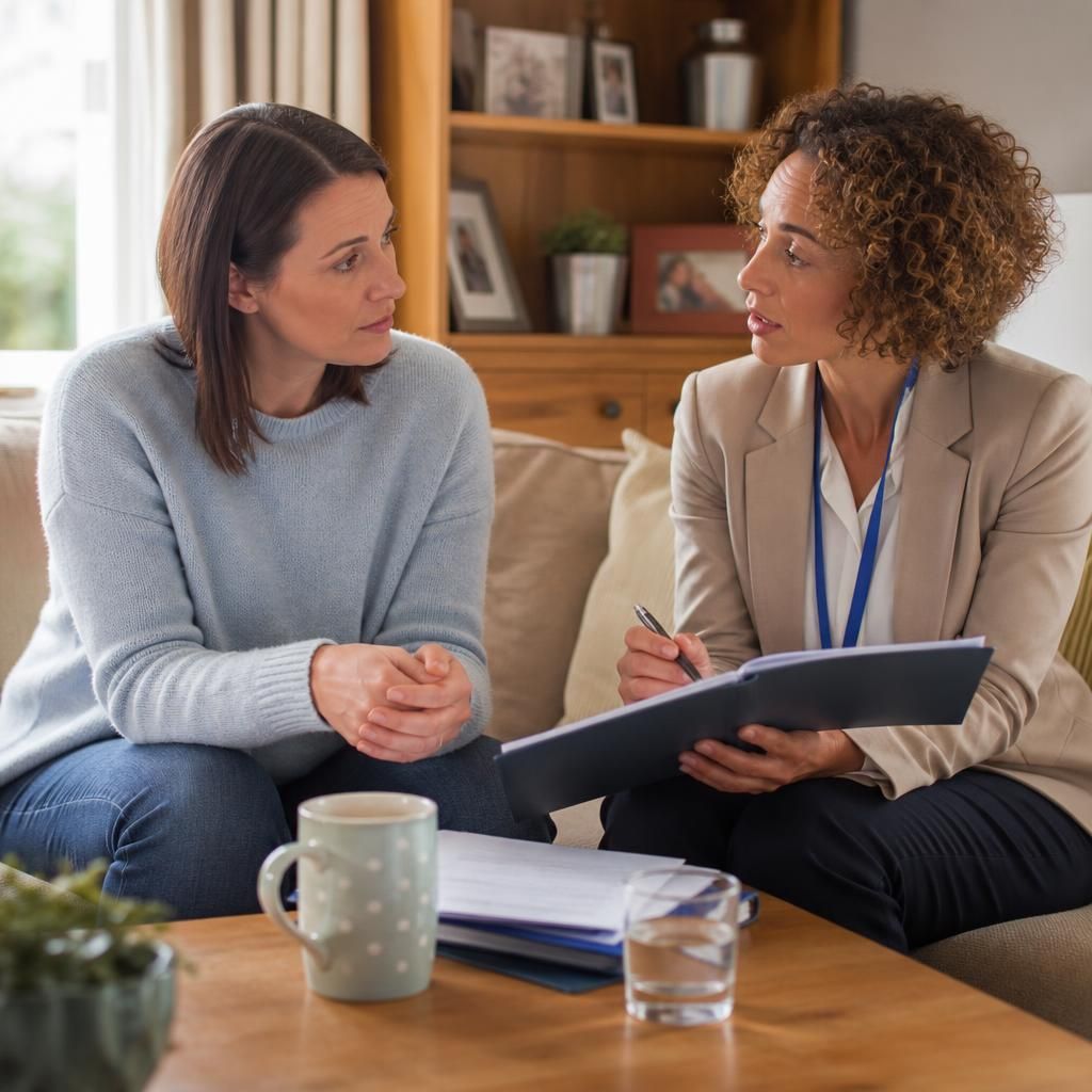 Foster carer discussing a child's care plan with a social worker