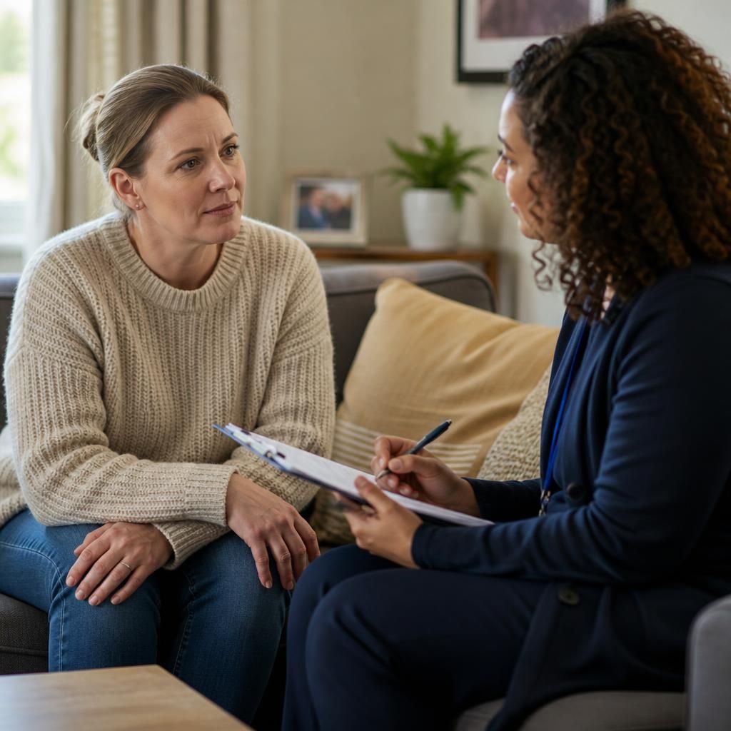Foster carer speaking with a social worker at home