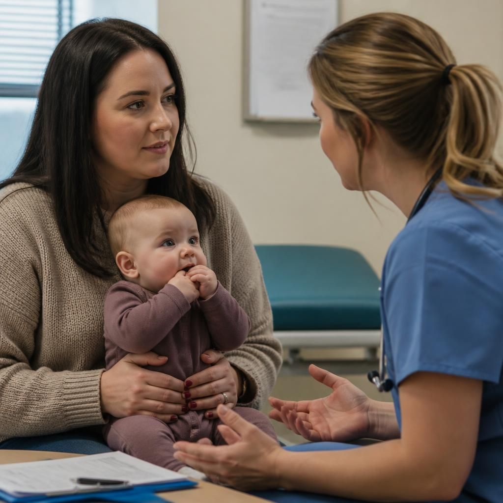Foster carer holding a baby during a health appointment with a clinician