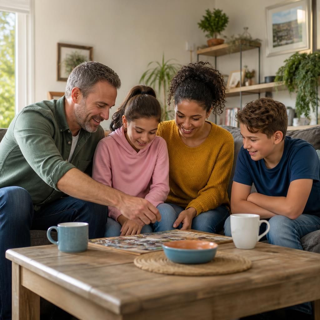 Foster family spending time together at home