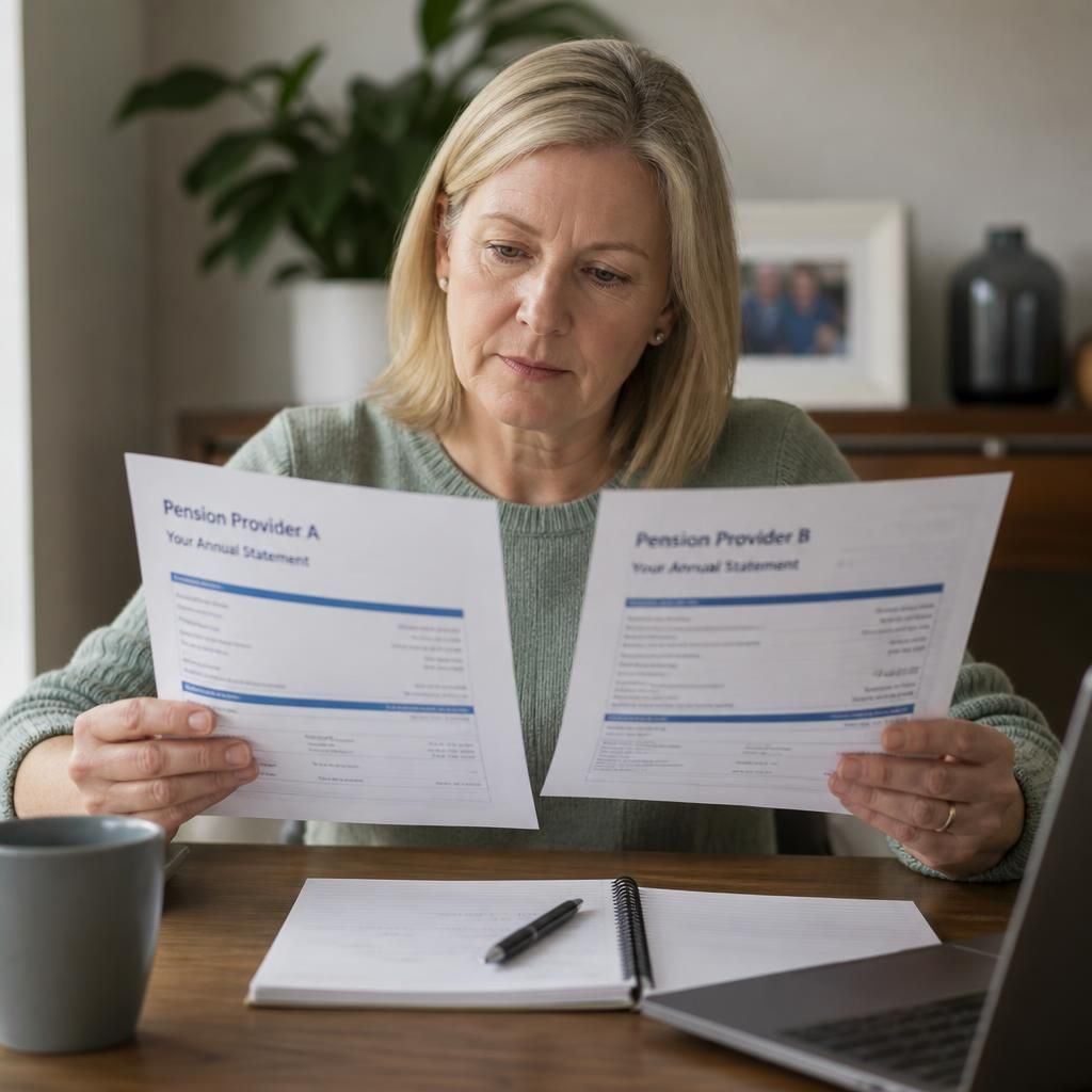 Foster carer reviewing statements from two pension providers