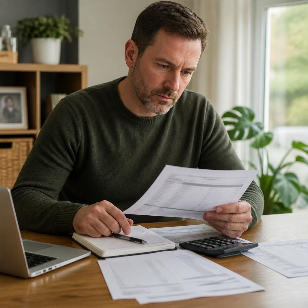 Foster carer reviewing payment records and tax documents at a desk