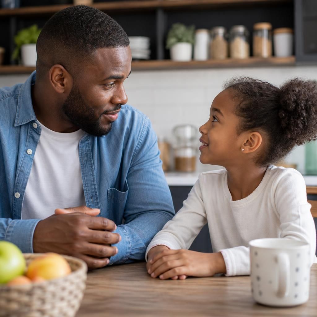 Adult and child talking together at a kitchen table
