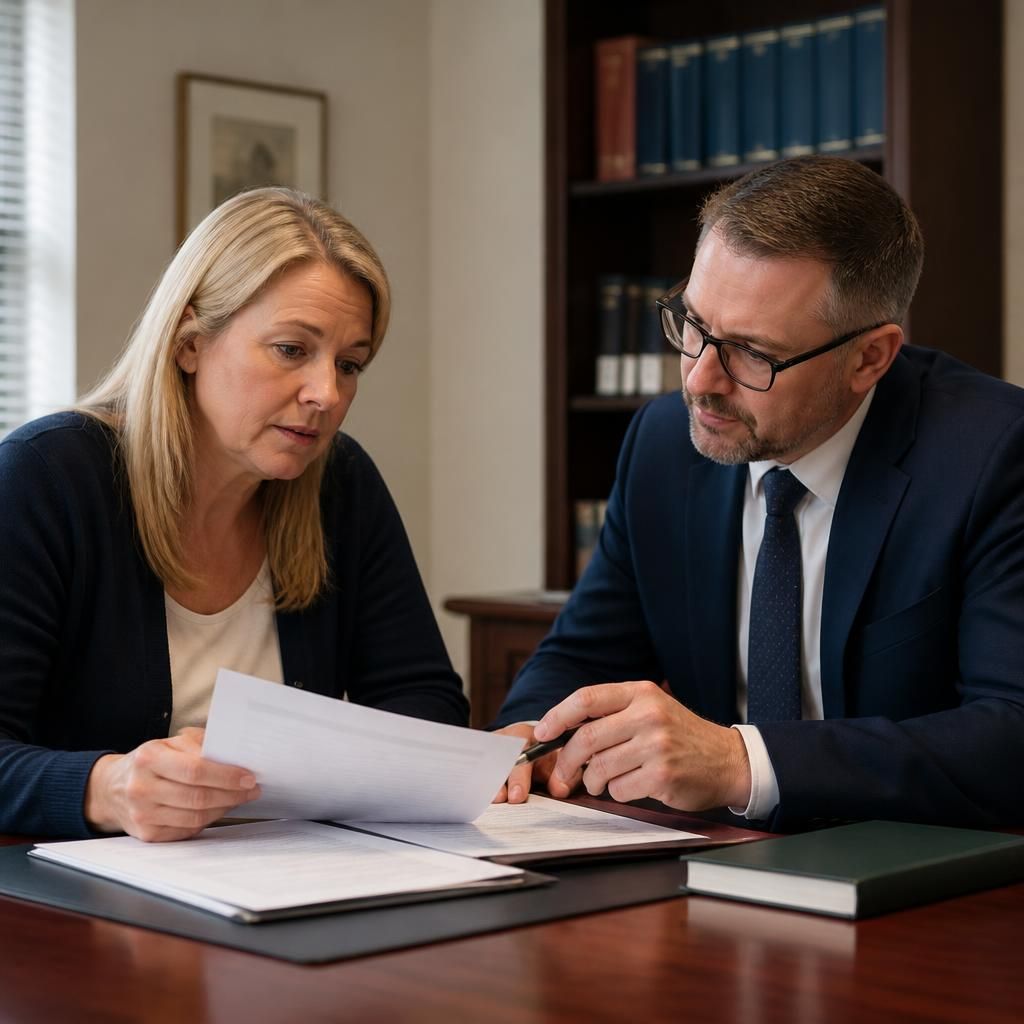 Foster carer reviewing fostering documents with a solicitor at a desk