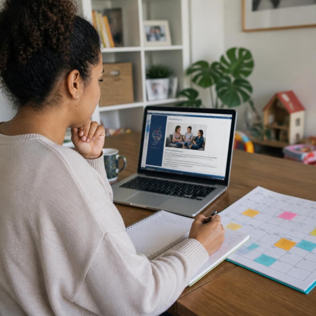 Person reviewing online foster training materials on a laptop beside a family calendar