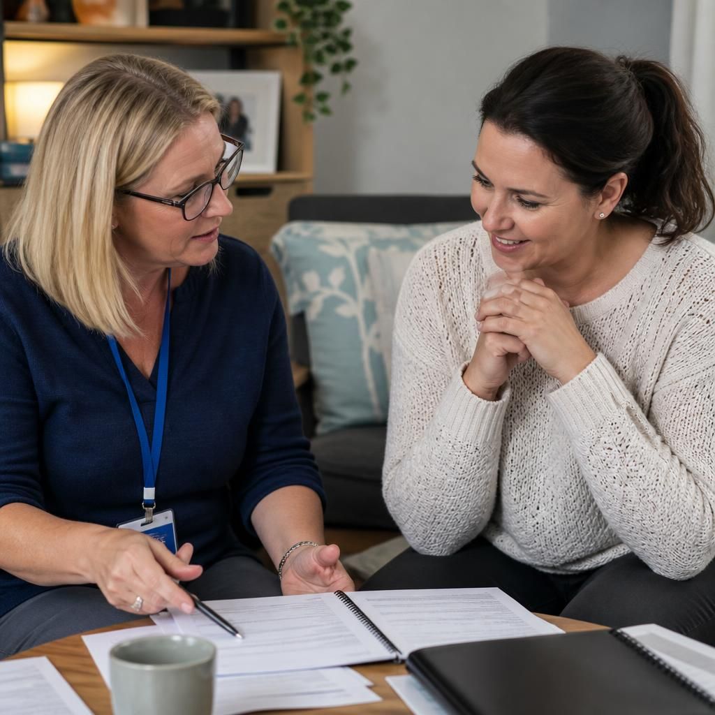 Foster carer discussing a child’s placement plan with a supervising social worker