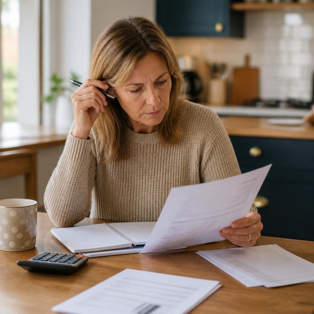 Foster carer reviewing placement paperwork and payment records at a kitchen table