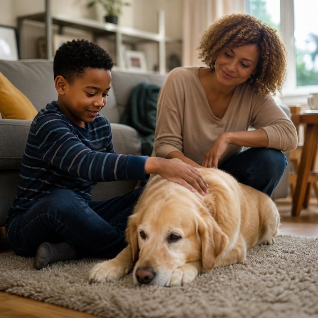 Child sitting beside a calm family dog with an adult supervising nearby