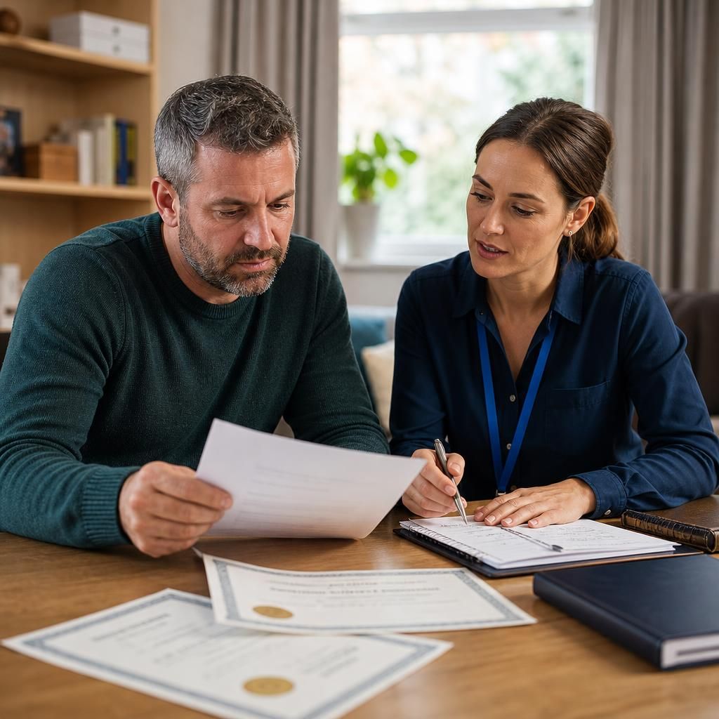 Foster carer reviewing training certificates and notes with a social worker