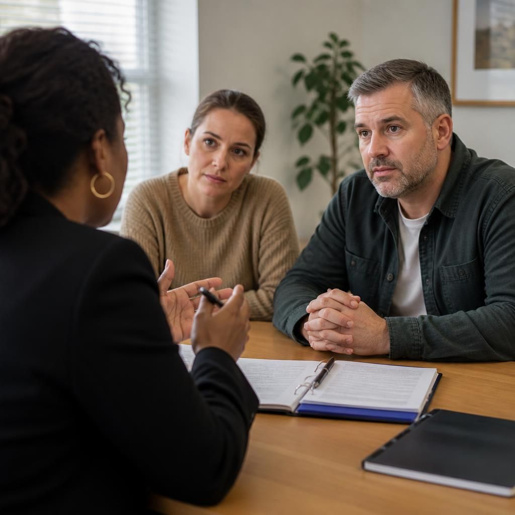 Foster carer speaking with a social worker during a care planning meeting