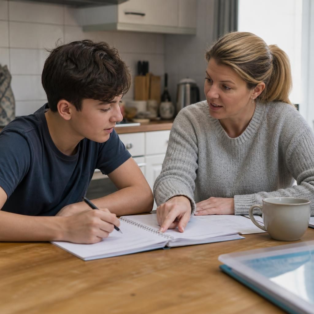 Teenager and foster carer discussing plans at a kitchen table