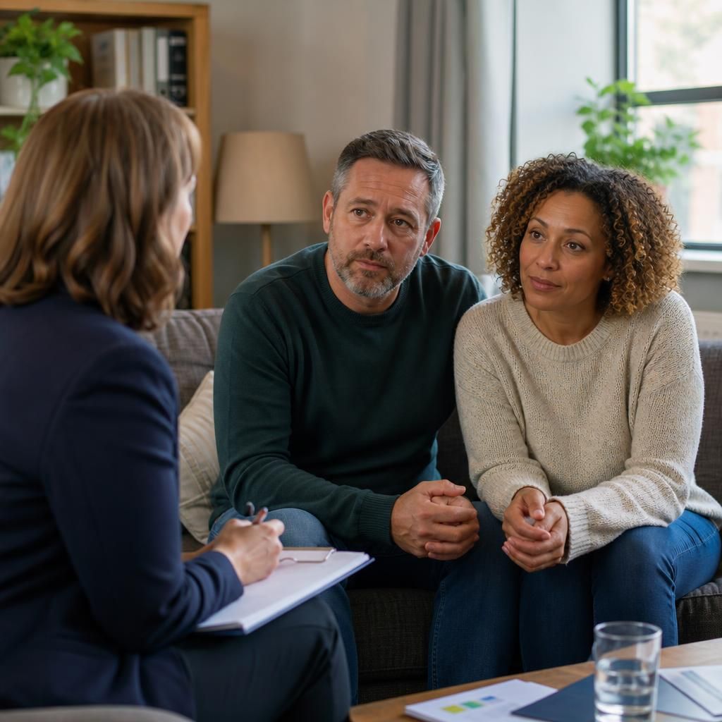 Foster carers discussing a child’s needs with a social worker