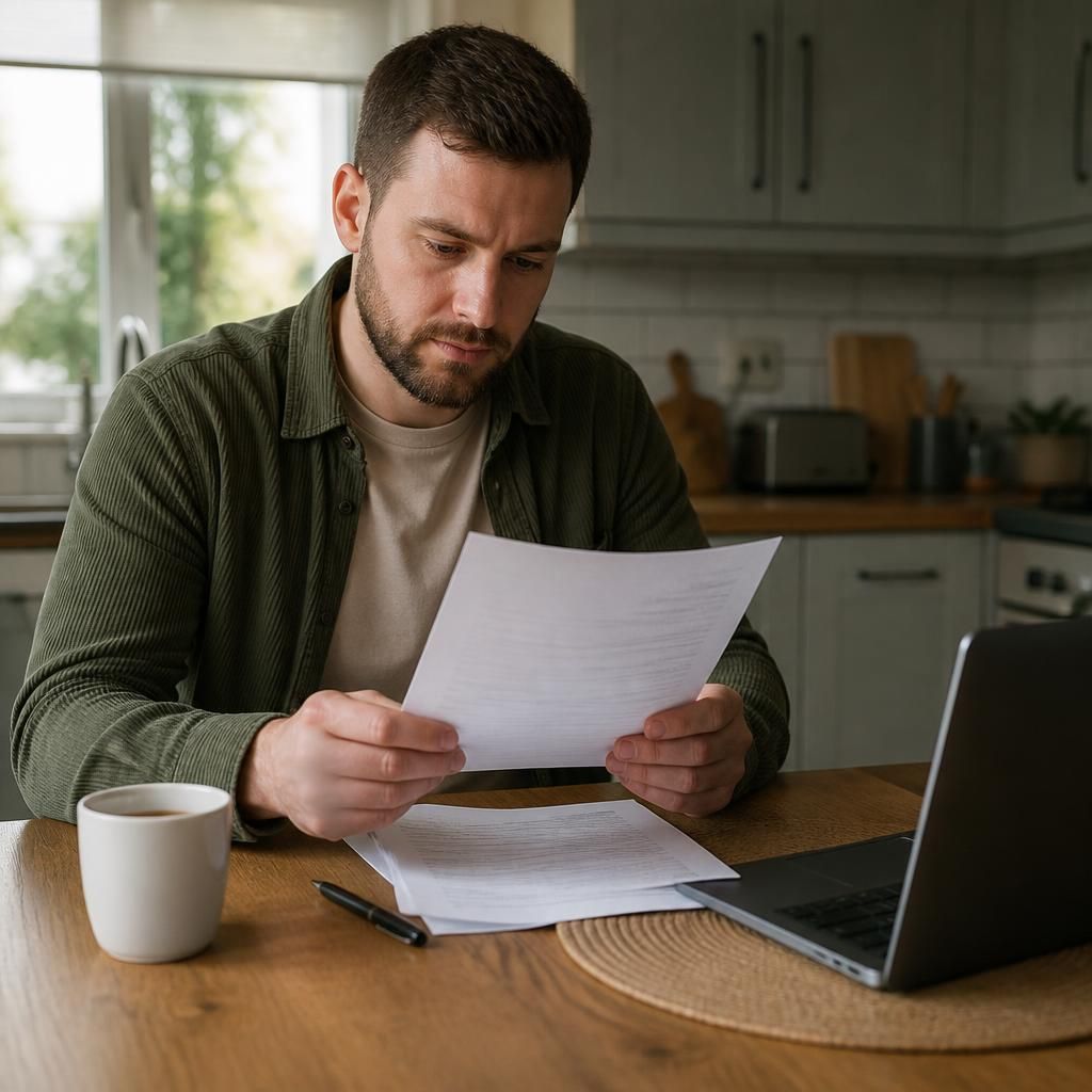 Tenant reviewing a tenancy agreement at a kitchen table