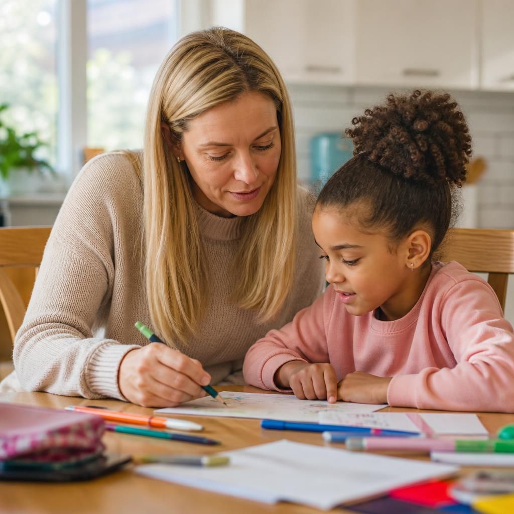 Foster carer and child preparing activities together at home