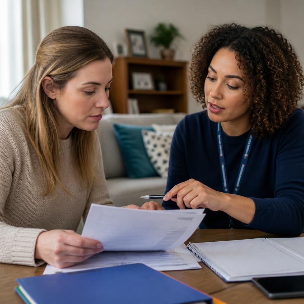 Applicant discussing fostering assessment documents with a social worker