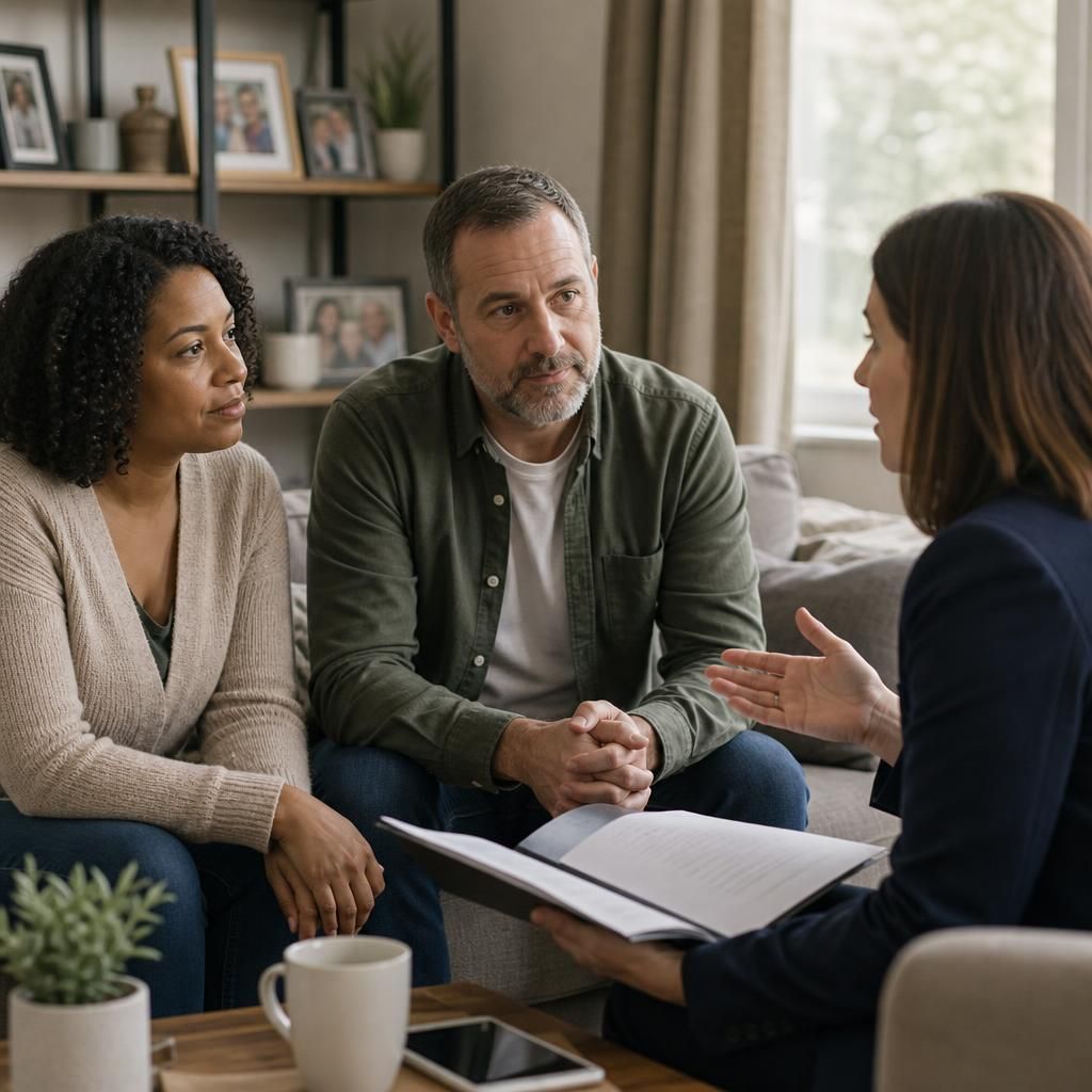 Family discussing fostering options with a social worker at home