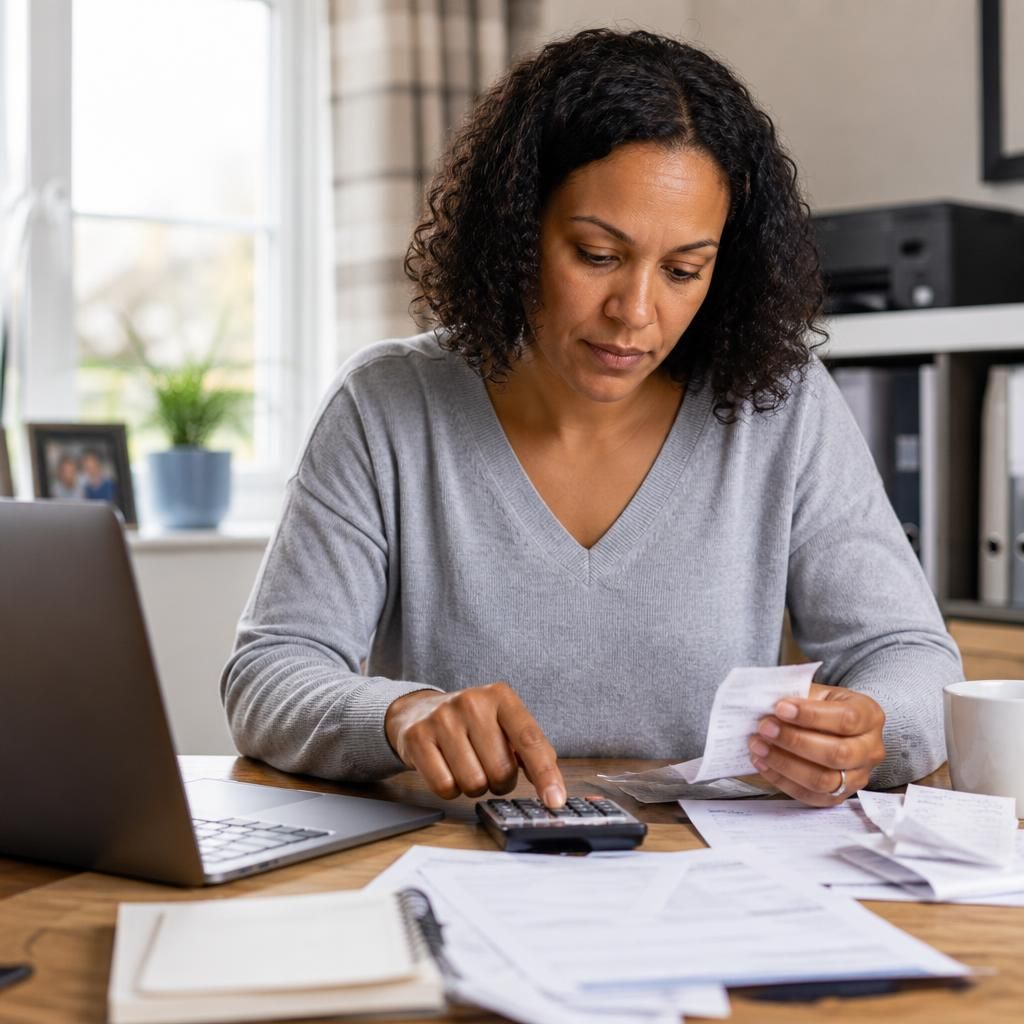 Foster carer reviewing payment records and receipts at a desk