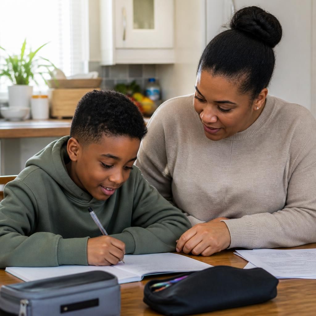 Foster carer and child completing homework at a kitchen table
