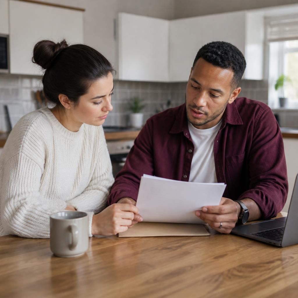 Tenant reviewing a tenancy agreement with a landlord at a kitchen table