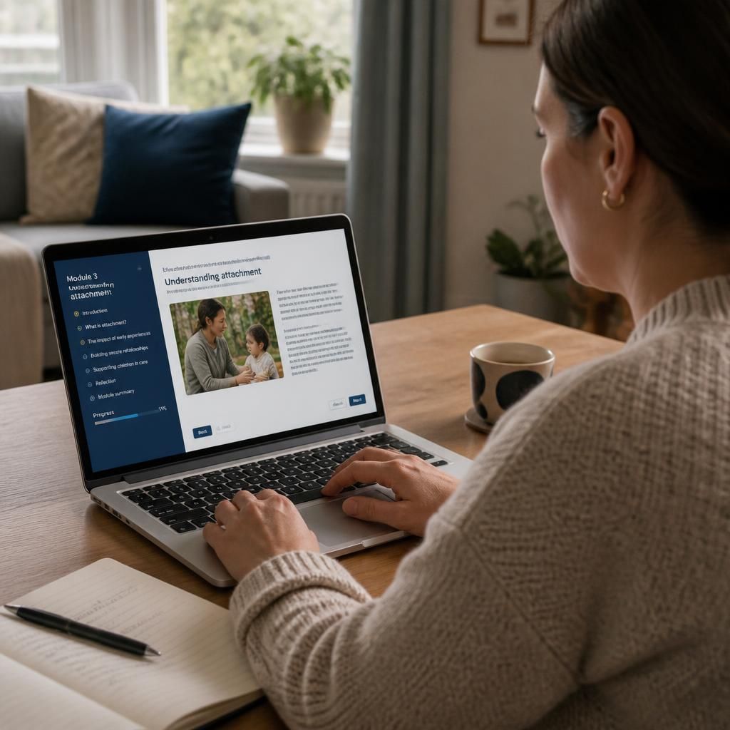 Person completing an online foster training module on a laptop