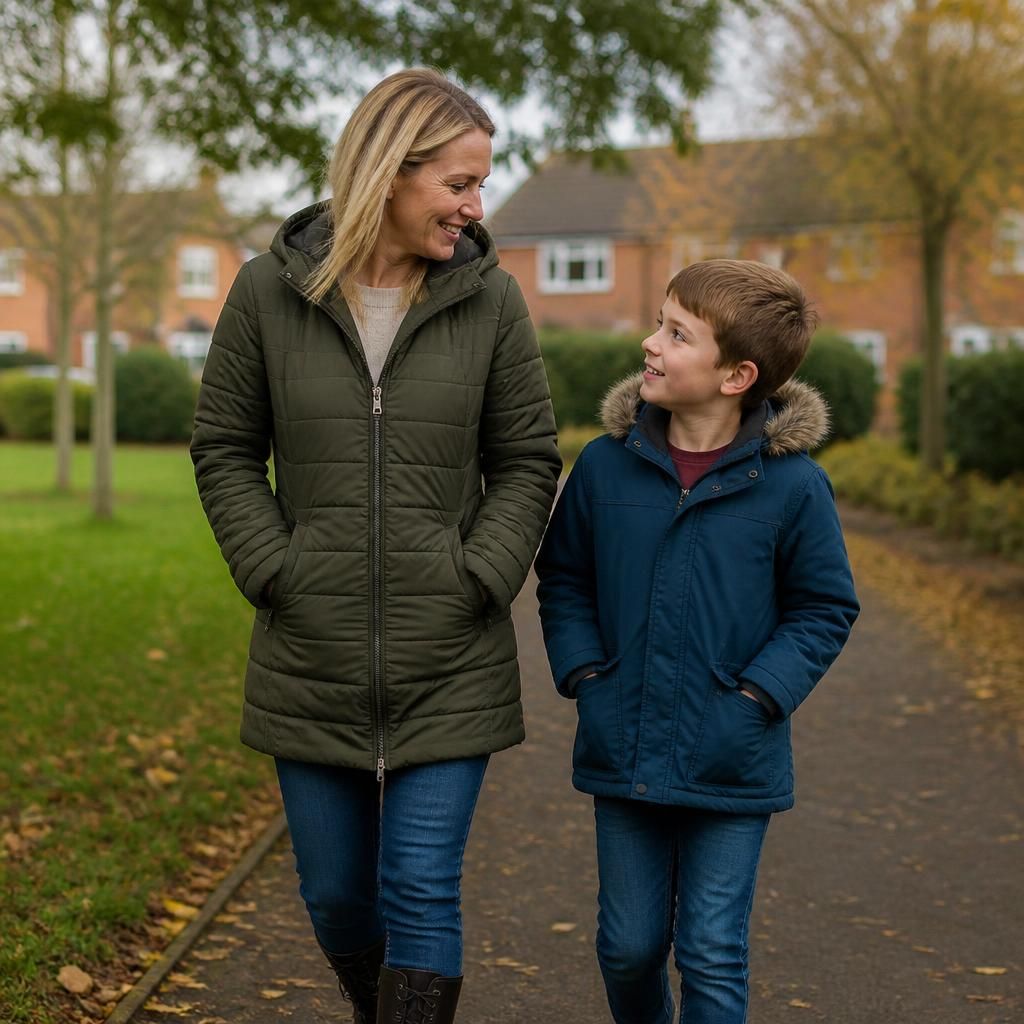 Foster carer and child walking together outdoors