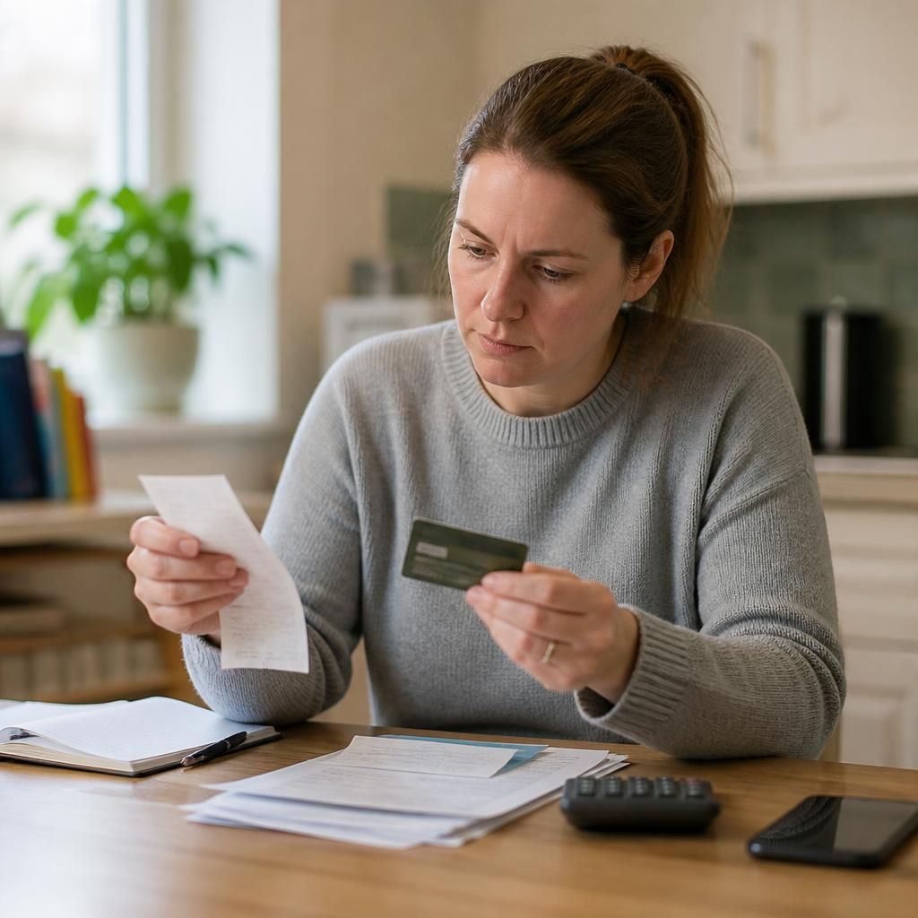 Foster carer reviewing a receipt and discount card beside household paperwork