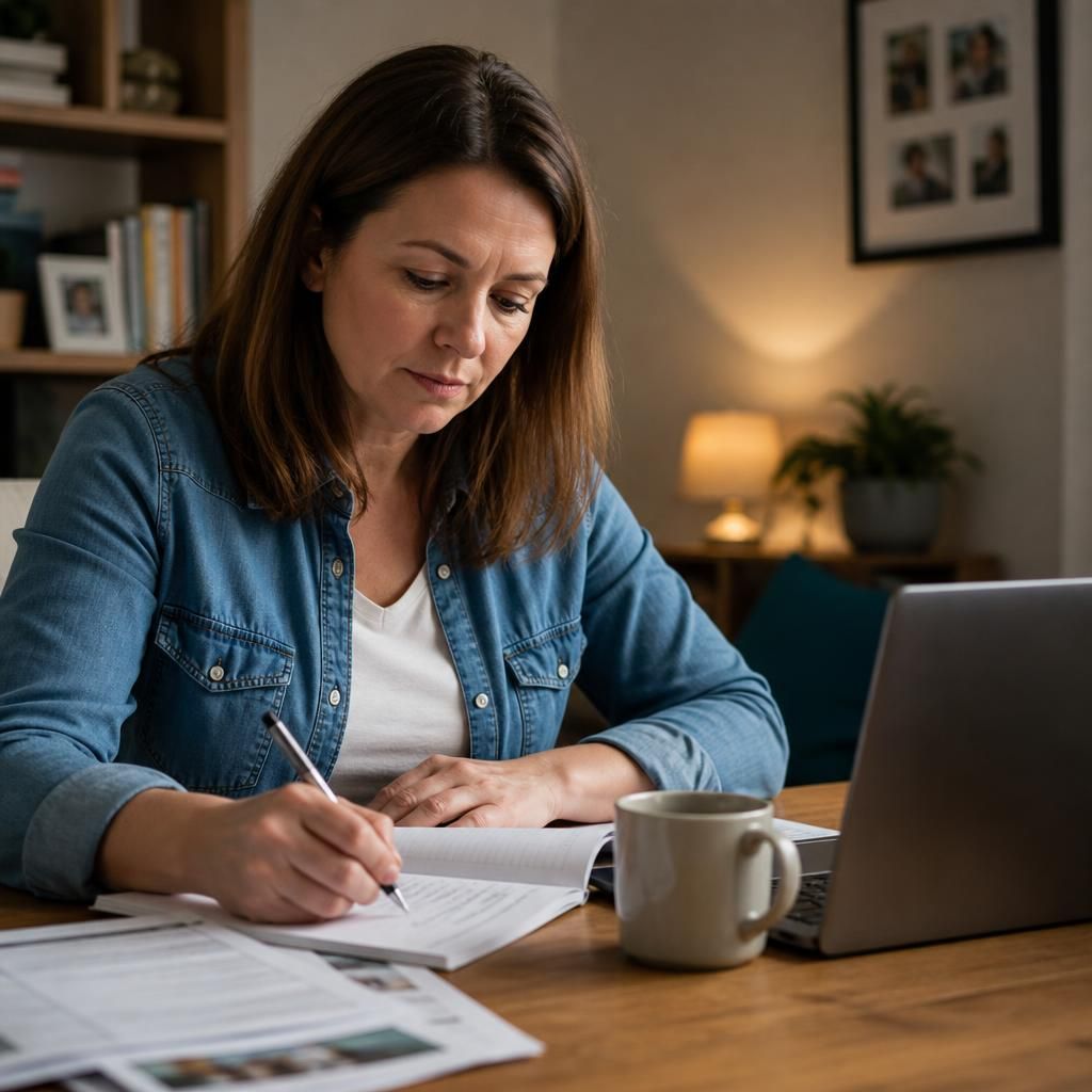 Foster carer completing training materials with notes and a laptop