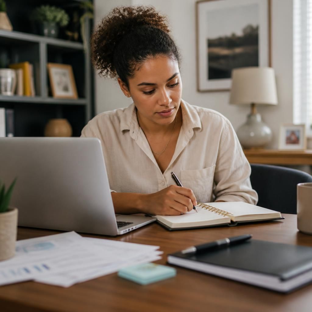 Young adult working at a desk with a laptop and planner
