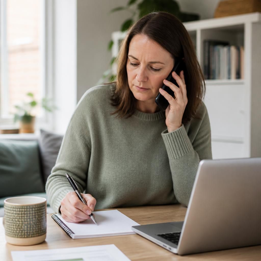 Person speaking on the phone while making notes about fostering