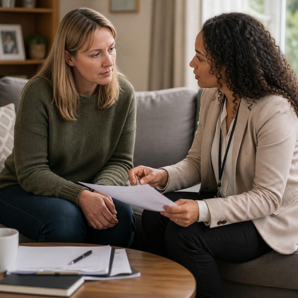 Foster carer discussing assessment documents with a social worker