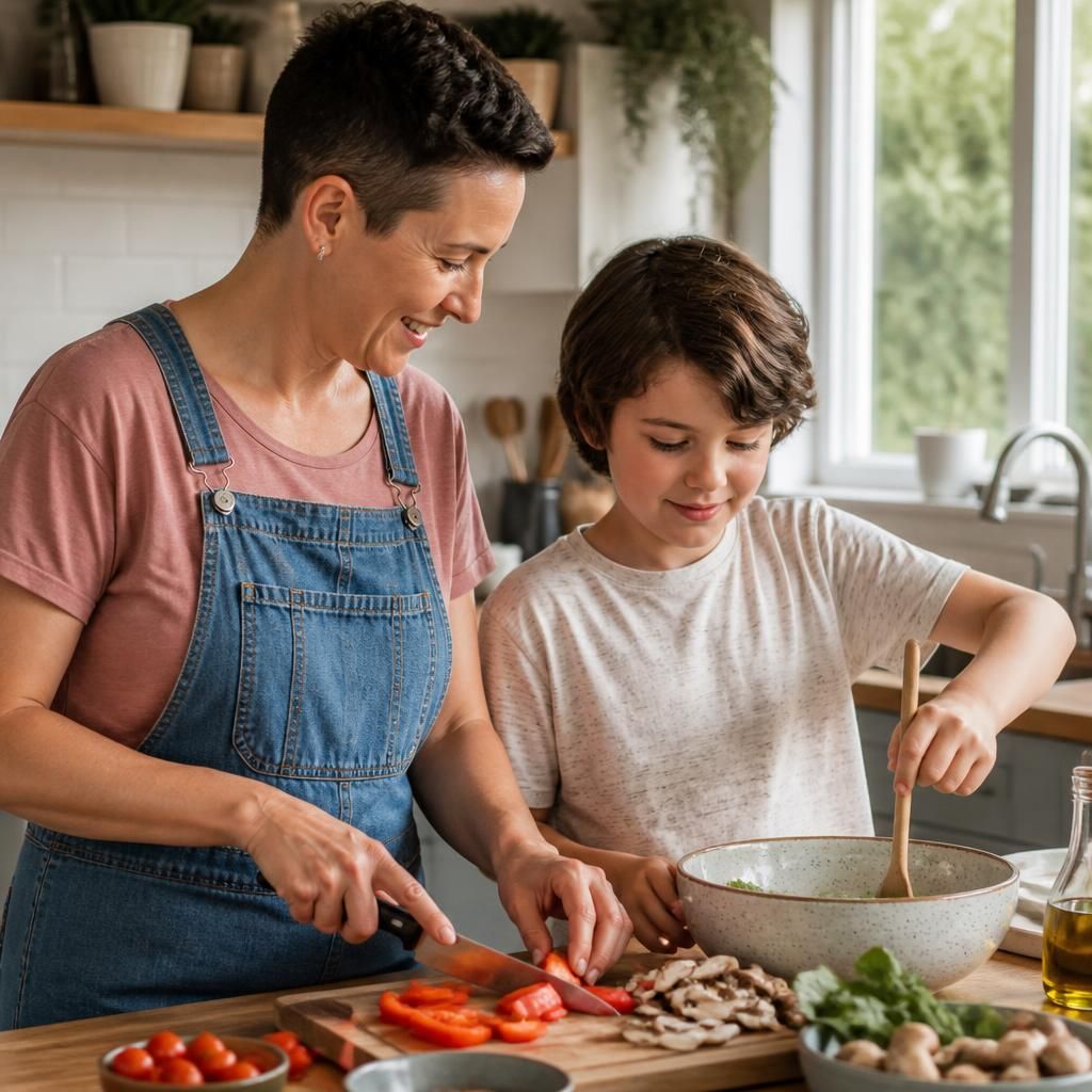Single parent and foster child preparing a meal together at home