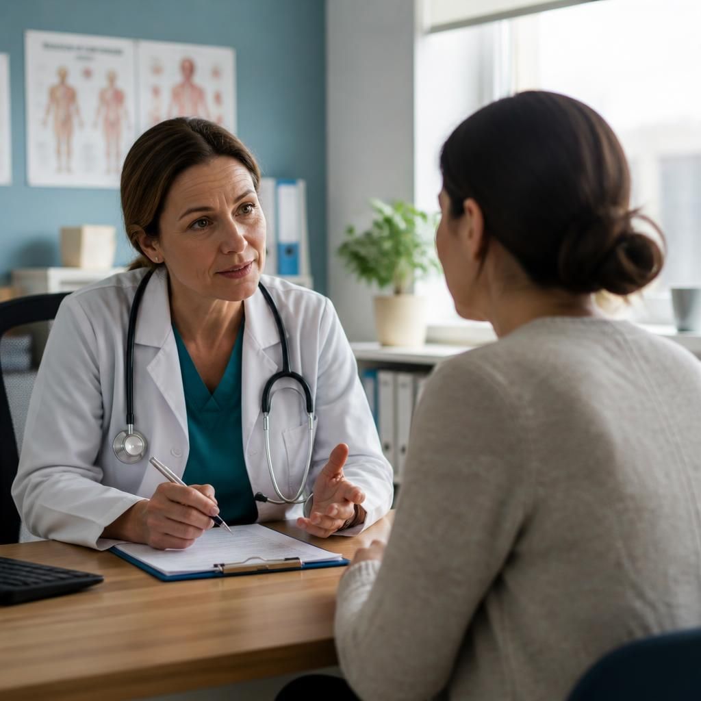 Foster carer speaking with a medical professional during a health assessment