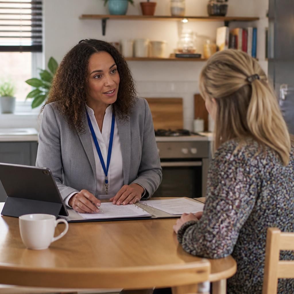 Social worker discussing household arrangements with a prospective foster carer