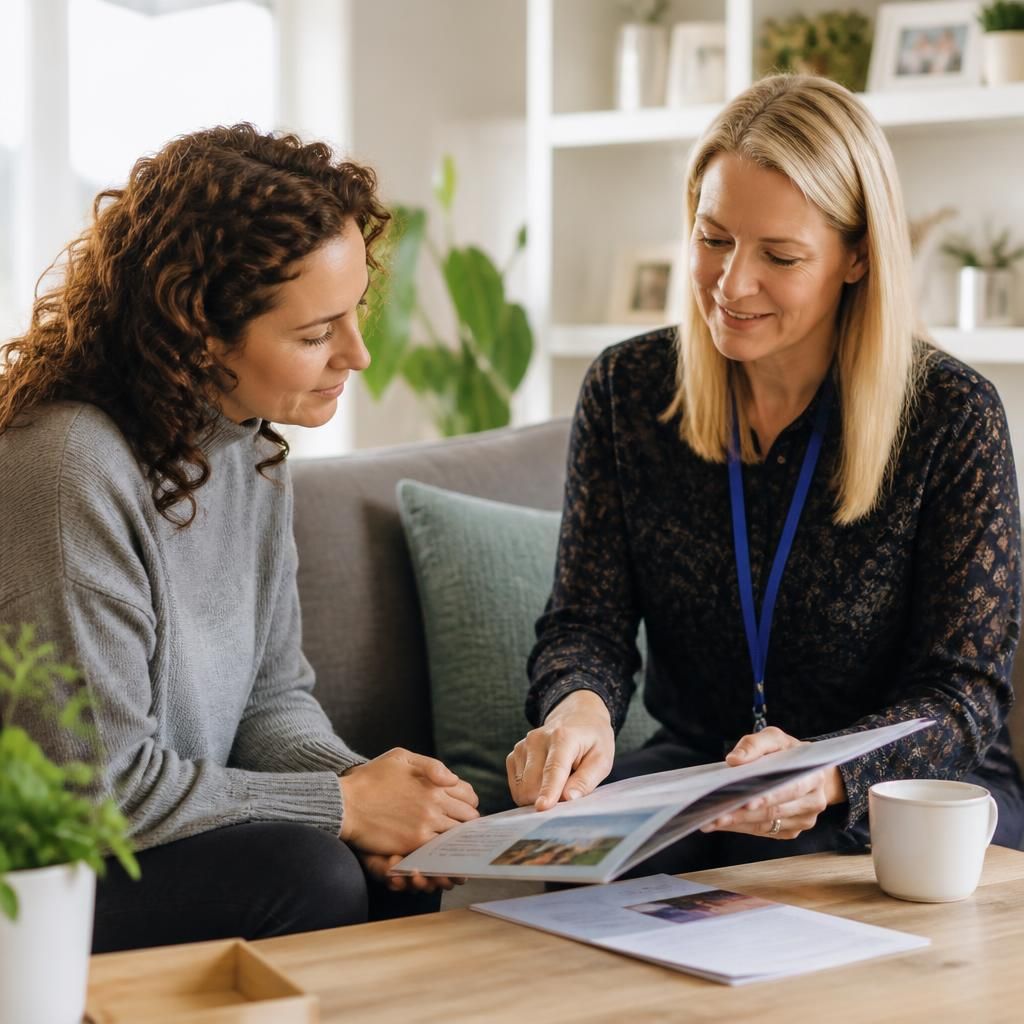 Prospective foster carer discussing training materials with a fostering professional