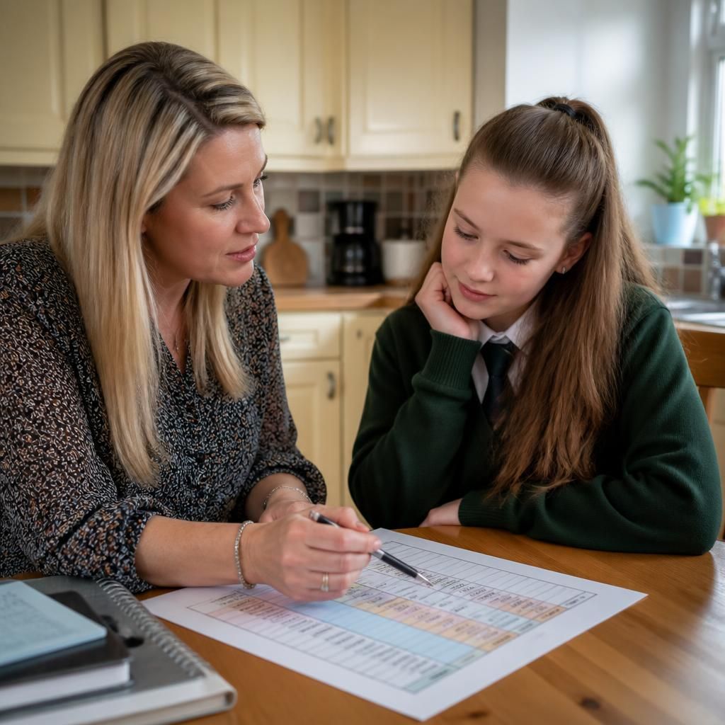 Foster carer and child discussing a school timetable at a kitchen table