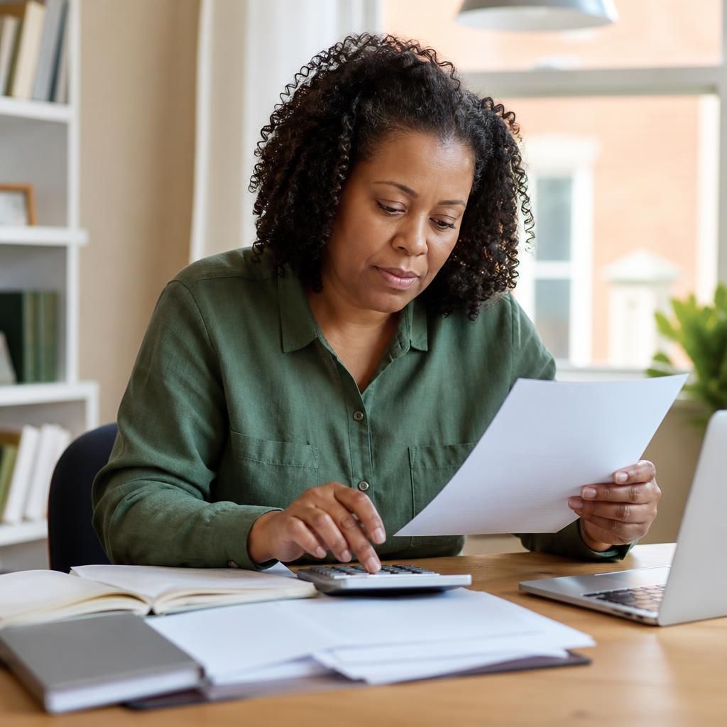 Foster carer reviewing tax records and paperwork at a desk
