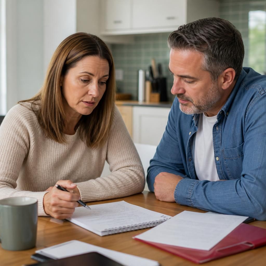 Parent and private foster carer reviewing written notes about a child's care arrangements
