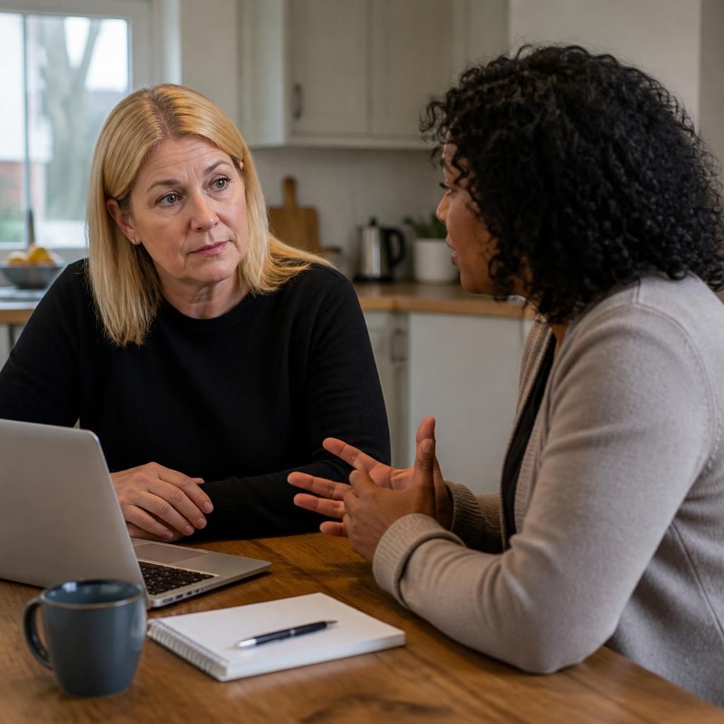 Foster carer speaking with a supervising social worker at a kitchen table