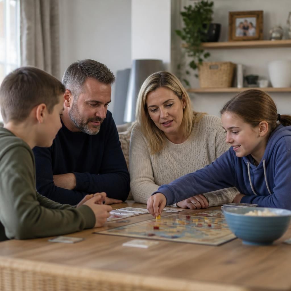Children and adults sharing an activity in a family home