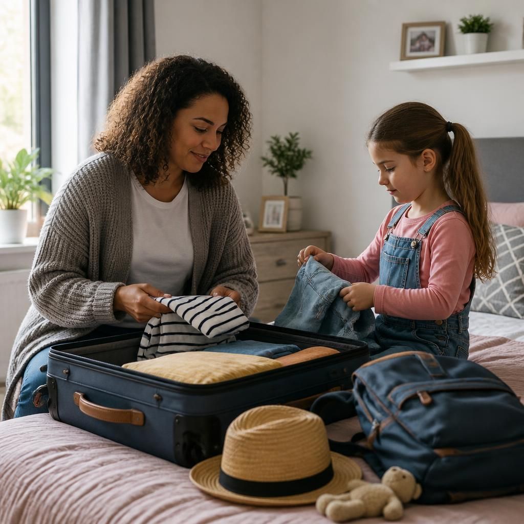 Foster carer and child preparing luggage for a holiday