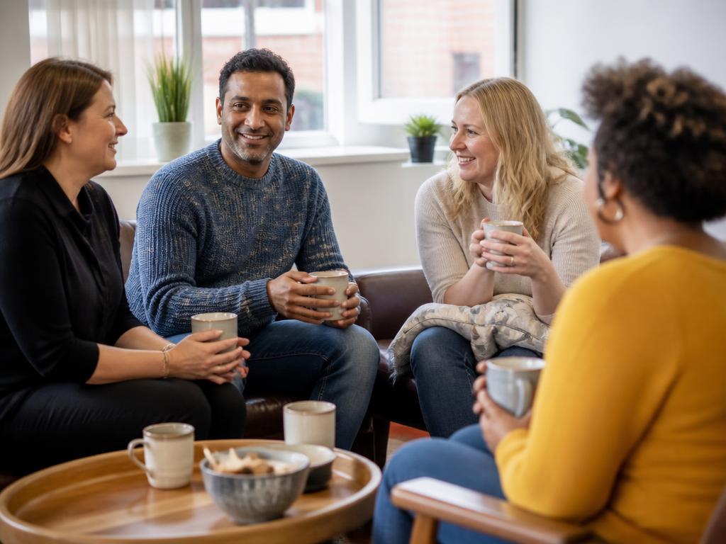Group of foster carers chatting over tea at a local support group