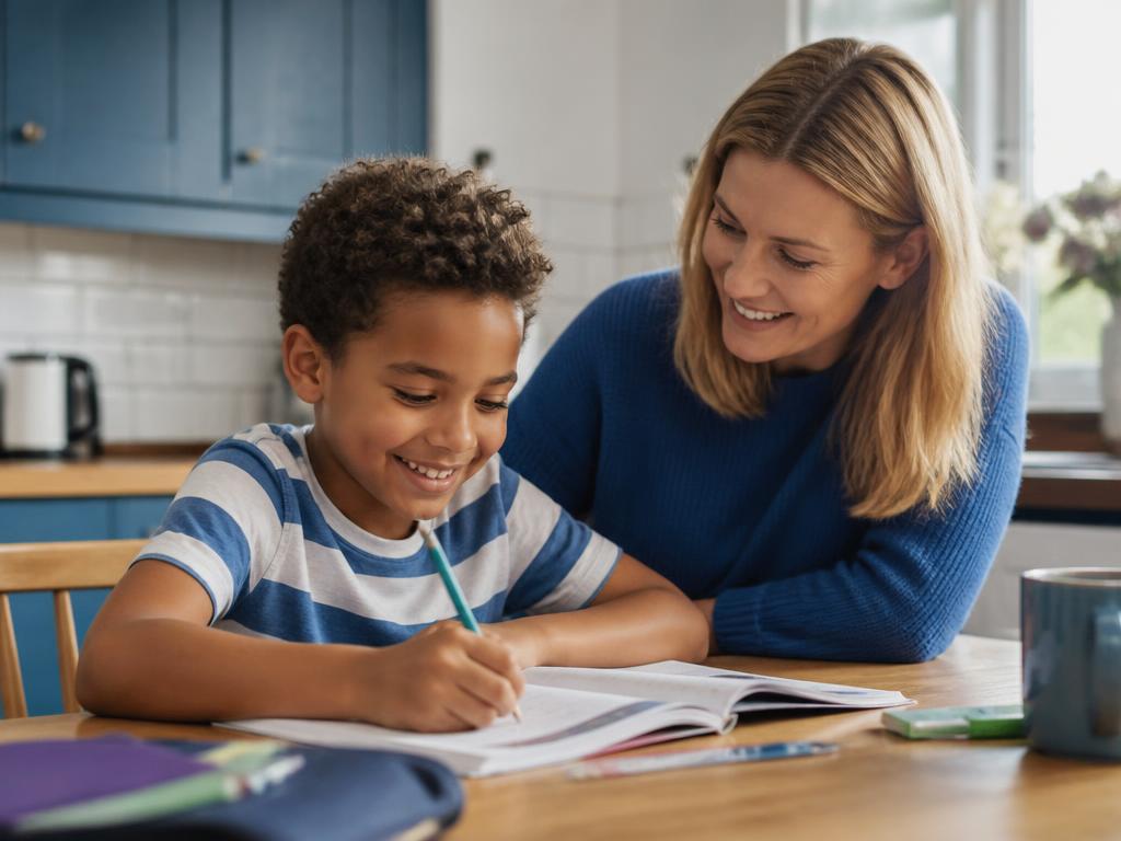 Foster child doing homework at the kitchen table with their foster carer helping