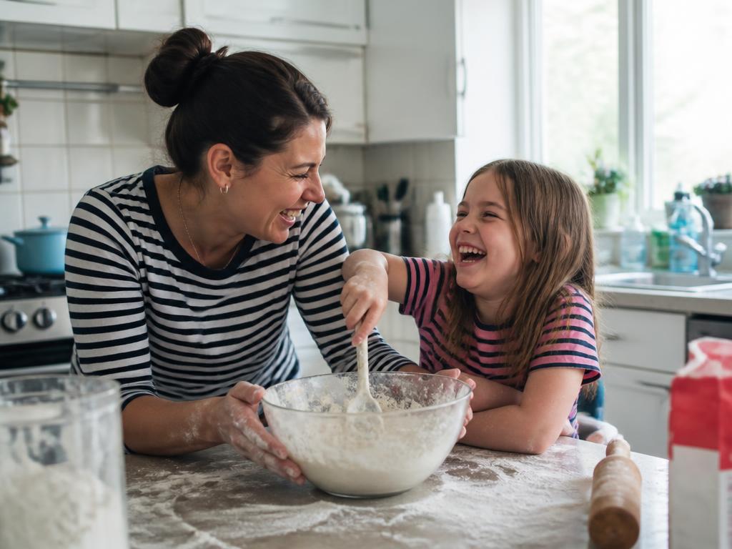 Foster carer and child laughing while baking together in the kitchen